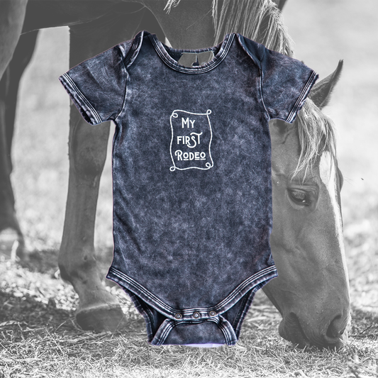 My First Rodeo Baby Onesie (Black acid wash)